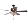 Gliska 52-Inch 5-Blade Rustic Bronze Lighted Ceiling Fans w Crystal Shade Optional Remote Control (incl 2 Color Option Blades)