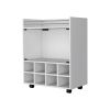 Minneapolis Bar Cart with Integrated 8-Bottle Rack, Glass Encased Cabinet and Aluminum Bar Top, White