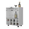 Minneapolis Bar Cart with Integrated 8-Bottle Rack, Glass Encased Cabinet and Aluminum Bar Top, White