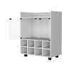 Minneapolis Bar Cart with Integrated 8-Bottle Rack, Glass Encased Cabinet and Aluminum Bar Top, White